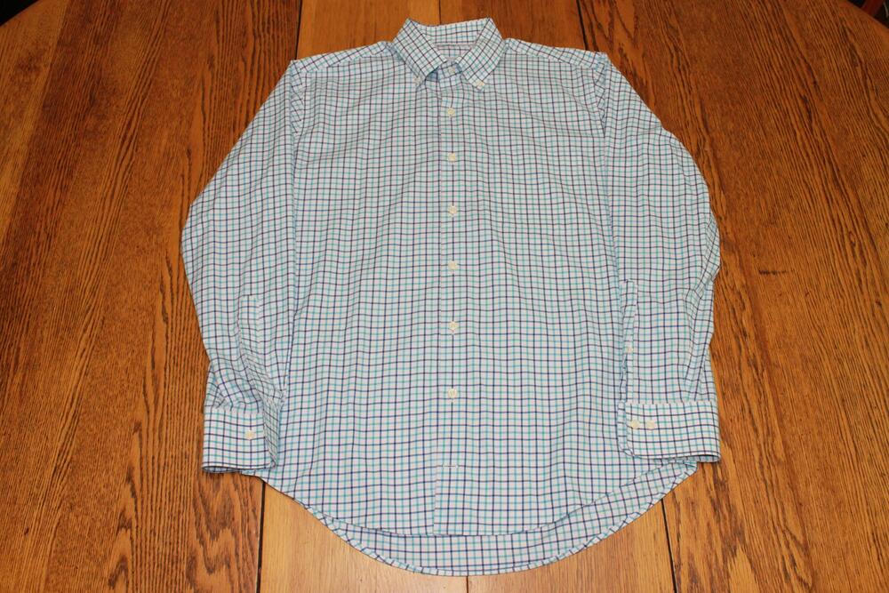 Peter Millar Shirt Mens‎ Medium Navy Light Blue White Plaid Button Down Casual